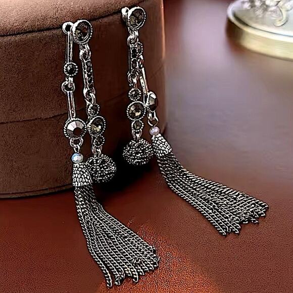 Antique Silver Rhinestone Earring Round Ball Long Fringe Tassel Earrings Boho - Picture 3 of 12